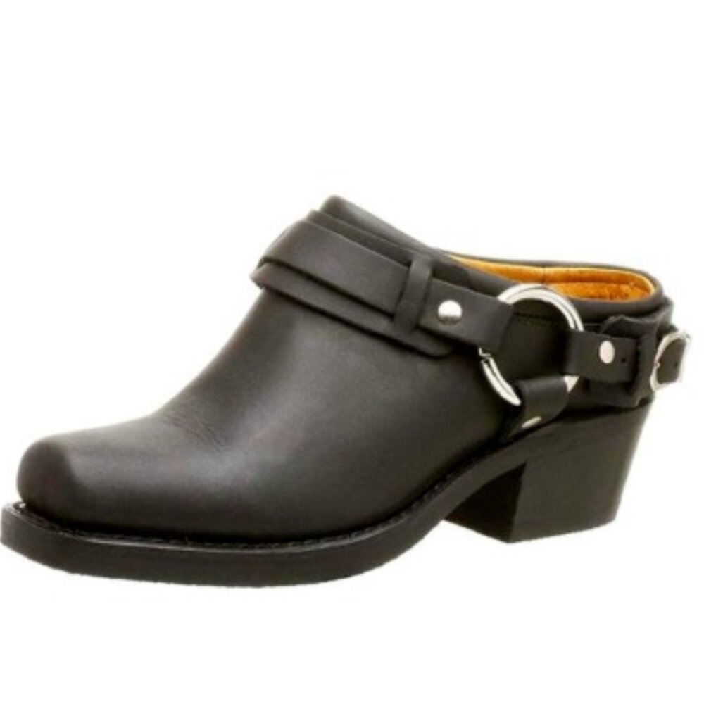 New Frye Women's 9 Boot Black Leather Mule Clog Ankle Belted Harness 70706